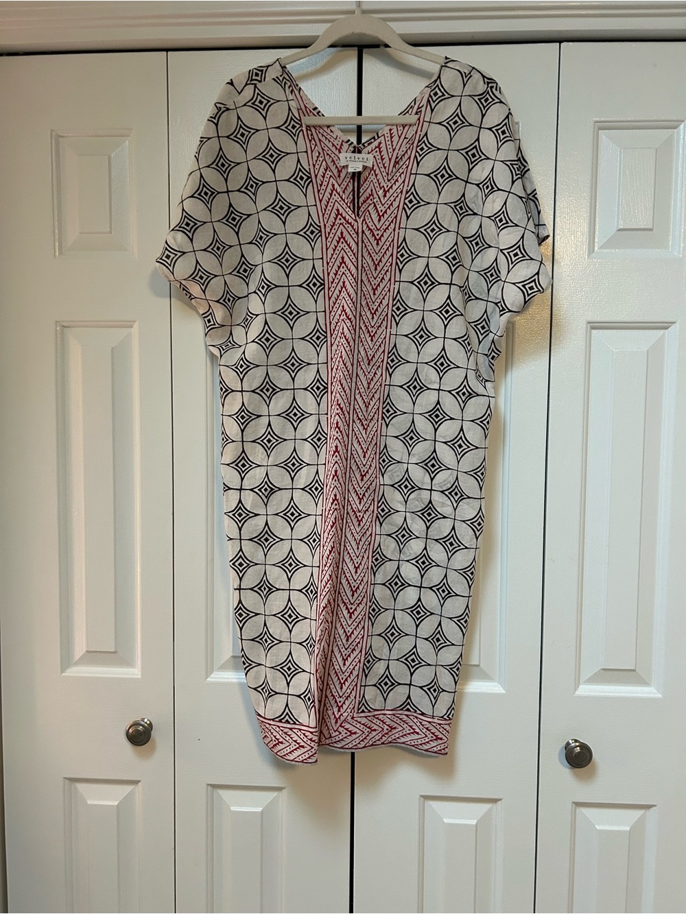 Boho Geometric Print V-Neck Dress in Cream and Black with Red Trim
